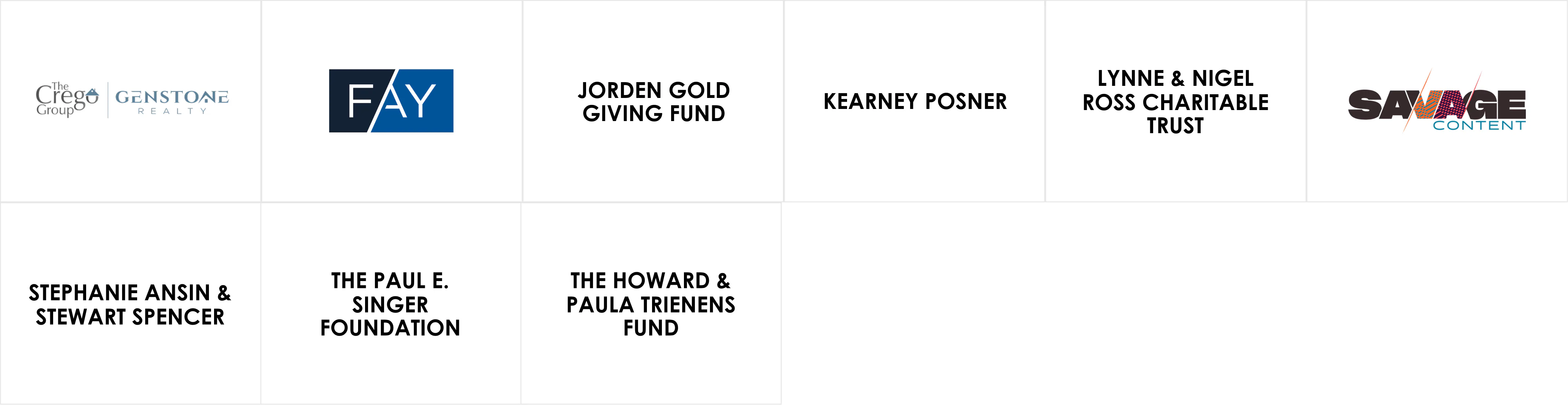 A grid of sponsor logos and names representing the Multi Platinum sponsorship tier, including Crego Group and Genstone Realty, FAY, Jorden Gold Giving Fund, Kearney Posner, Lynne & Nigel Ross Charitable Trust, Savage Content, Stephanie Ansin & Stewart Spencer, The Paul E. Singer Foundation, and The Howard & Paula Trienens Fund.